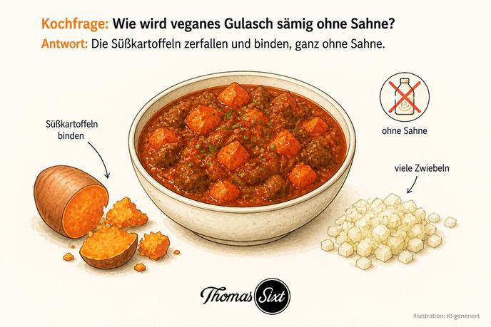 Wie wird veganes Gulasch sämig ohne Sahne: eine Schale sämiges rotes veganes Gulasch, daneben eine zerfallende Süßkartoffel und gewürfelte Zwiebeln