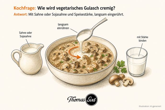 Wie wird vegetarisches Gulasch cremig: eine Schale cremiges helles Pilzgulasch, daneben ein Kännchen Sahne und ein Glas Stärkewasser