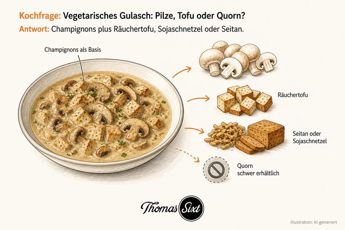 Vegetarisches Gulasch mit Pilzen, Tofu oder Quorn: eine Schale cremiges Pilzgulasch, daneben Champignons, Räuchertofu und Seitan, Hinweis Quorn schwer erhältlich