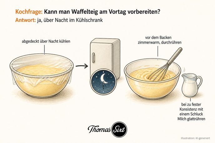 Schüssel mit Waffelteig, mit Folie abgedeckt, neben einem Kühlschrank- und Uhr-Symbol als Illustration