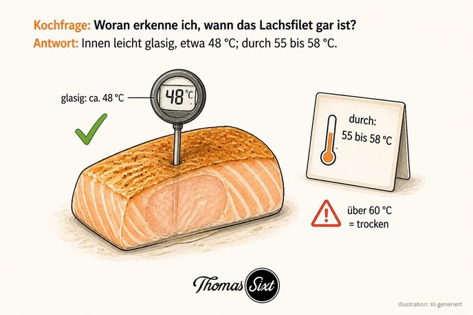 Woran erkenne ich, wann das Lachsfilet gar ist: ein Lachsfilet in der Pfanne mit Thermometer, Hinweise glasig 48 Grad, durch 55 bis 58 Grad