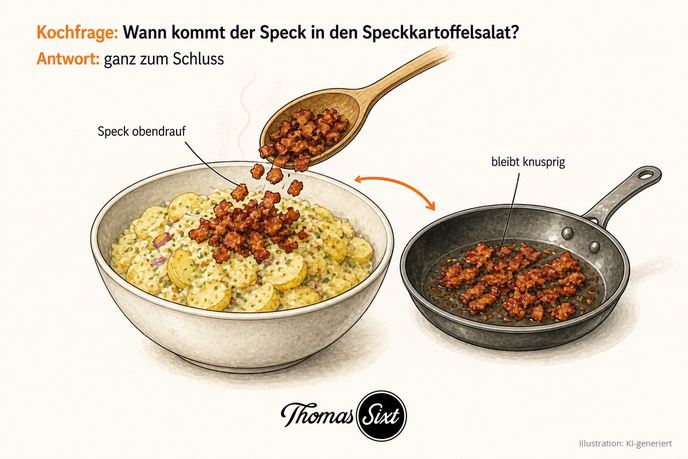 Eine Schüssel lauwarmer Kartoffelsalat, ein Löffel streut knusprige Speckwürfel obenauf, daneben die Pfanne mit dem Speck, als Illustration