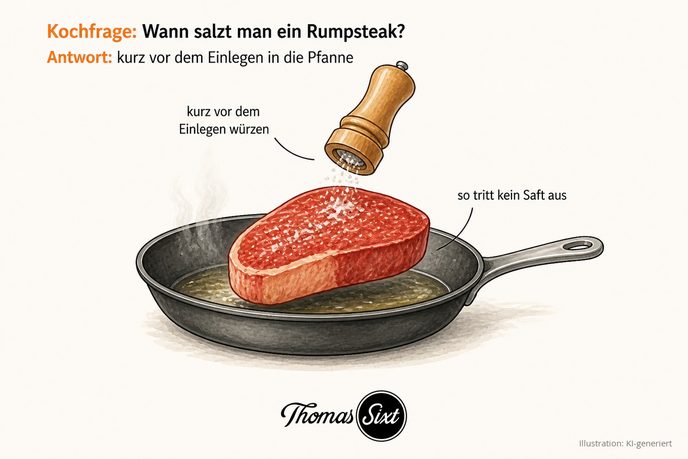 Rohes Rumpsteak wird kurz vor dem Einlegen in die heiße Pfanne mit einer Salzmühle gewürzt als Illustration