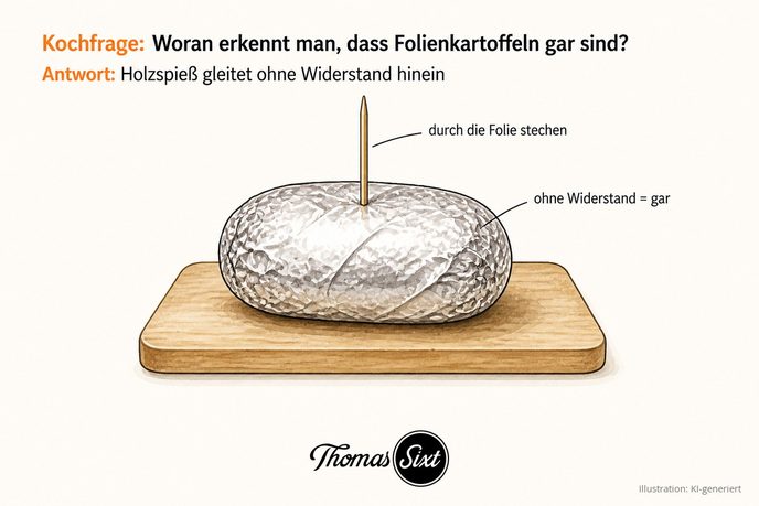 Ein Holzspieß wird durch die Alufolie in eine Folienkartoffel gestochen, als Illustration