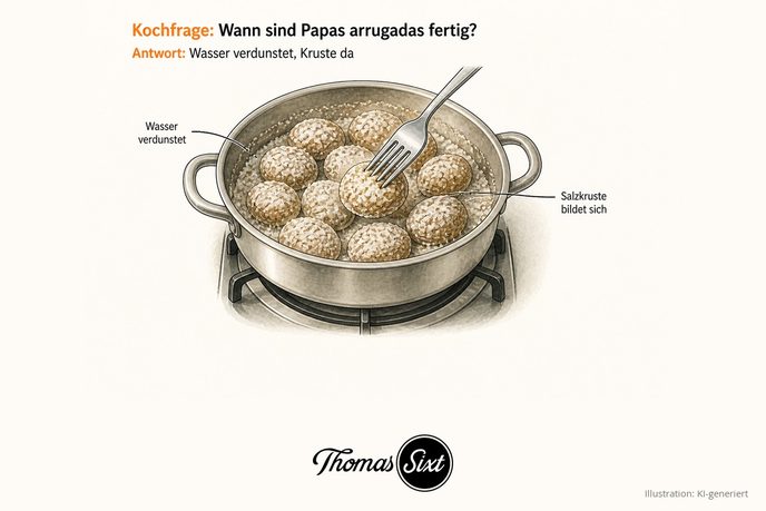 Topf mit fast verdunstetem Wasser und runzeligen Kartoffeln mit Salzkruste, eine Gabel prüft, als Illustration