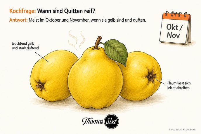 Grafik Wann sind Quitten reif, drei reife leuchtend gelbe Quitten, eine mit grünem Blatt, Duftlinien und ein Kalenderblatt Oktober November