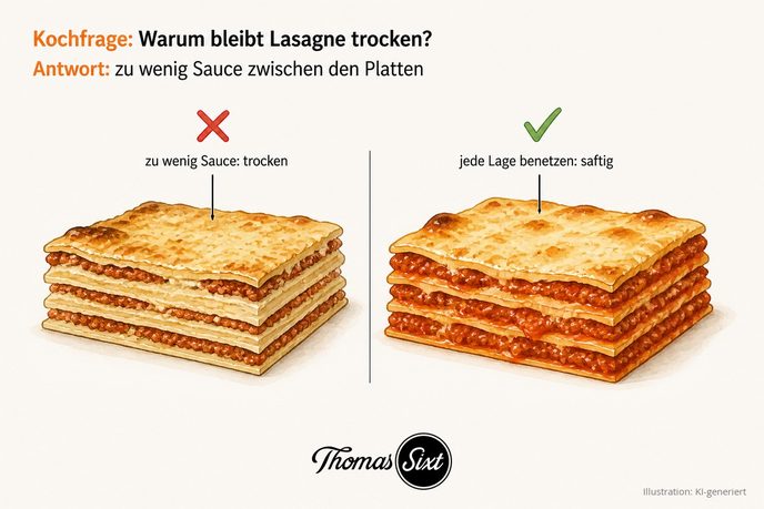 Vergleich von zwei Lasagne-Stücken, links trocken mit wenig Sauce, rechts saftig mit gut benetzten Schichten, Illustration