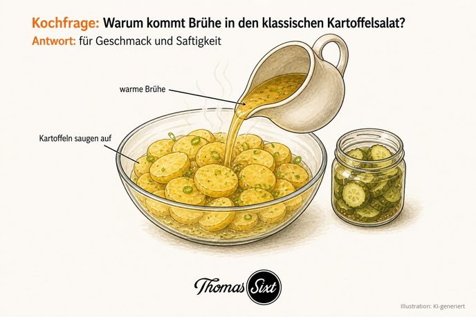 Warme Kartoffelscheiben in einer Schüssel, aus einem Kännchen wird goldene Brühe darüber gegossen, als Illustration