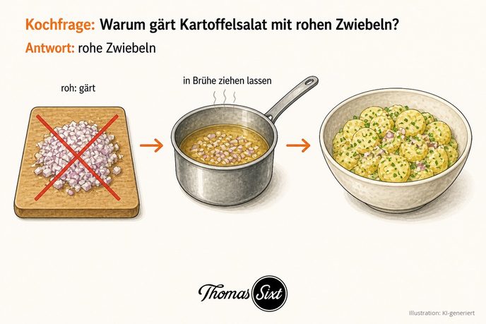 Zwiebelwürfel in einem Topf mit warmer Brühe neben einer Schüssel Kartoffelsalat, als Illustration