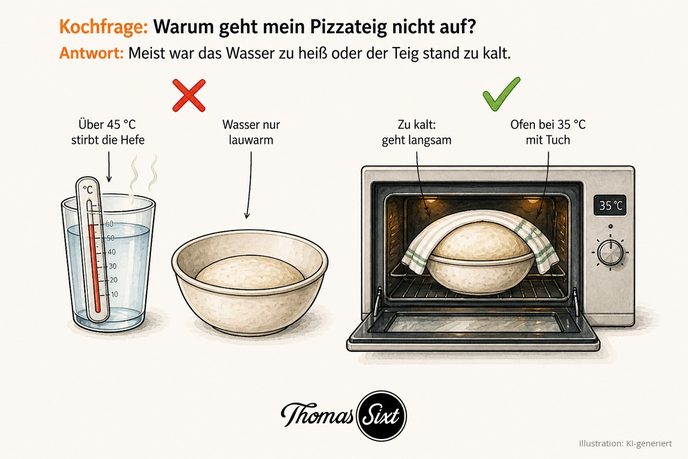 Links ein Wasserglas mit Thermometer im hohen Bereich und aufsteigendem Dampf mit rotem Kreuz, daneben eine Schüssel mit flachem Teig, rechts ein Backofen mit 35 Grad, darin eine Schüssel mit aufgegangenem Teig unter einem Küchentuch mit grünem Haken