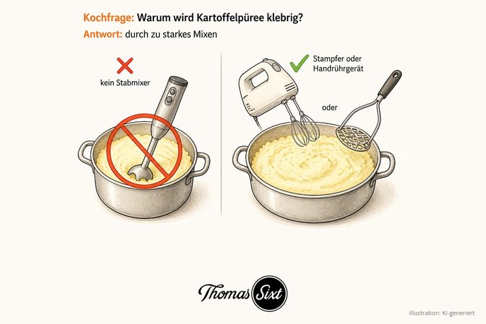 Durchgestrichener Stabmixer und ein Stampfer mit Handrührgerät über fluffigem Püree als Illustration