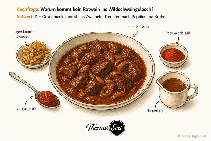 Warum kein Rotwein im Wildschweingulasch: ein Teller dunkles Wildschweingulasch mit Zwiebeln, drumherum geschmorte Zwiebeln, Tomatenmark, Paprika edelsüß und Rinderbrühe, Hinweis ohne Rotwein