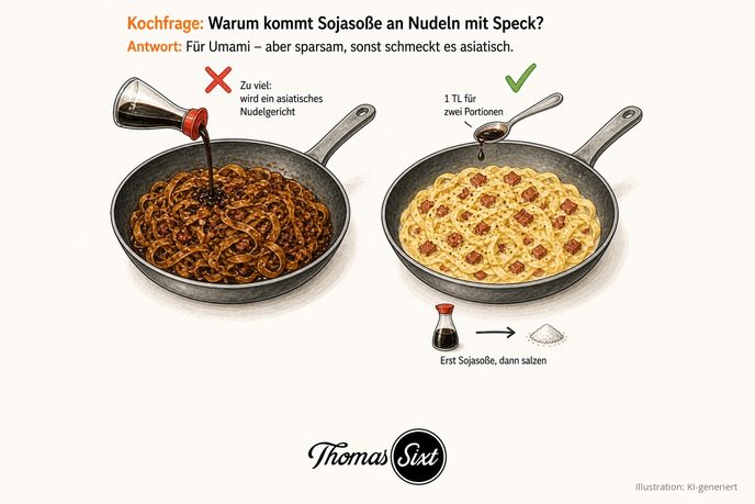Links eine Pfanne mit dunkelbraun verfärbten Nudeln, über die reichlich Sojasoße gegossen wird, mit rotem Kreuz, rechts helle cremige Nudeln mit Speckwürfeln und einem Teelöffel Sojasoße mit grünem Haken