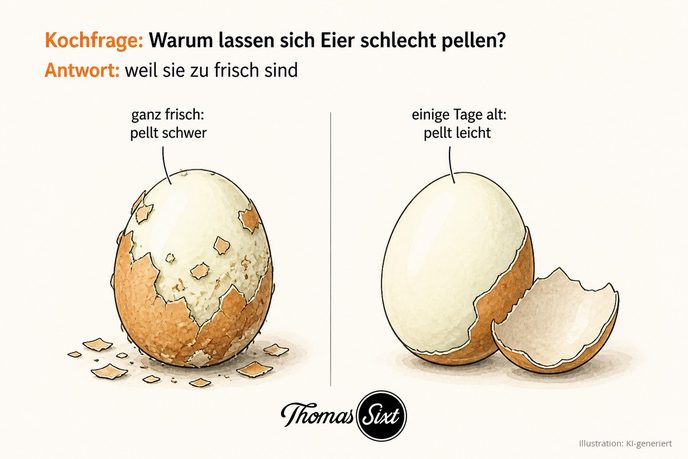 Zwei gekochte Eier beim Pellen, eines splittert, eines löst sich glatt, als Illustration
