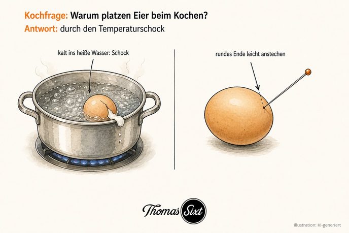 Kochtopf mit angerissenem Ei und ein Ei, das am runden Ende angestochen wird, als Illustration