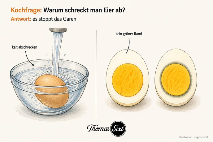 Ei unter kaltem Wasser und zwei aufgeschnittene Eier mit und ohne grünen Rand als Illustration