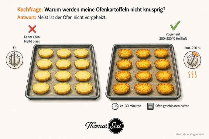 Links ein Backblech mit blassen Kartoffelhälften und Ofenregler auf Null mit rotem Kreuz, rechts goldbraune Kartoffelhälften mit Regler auf 200–220 °C und grünem Haken