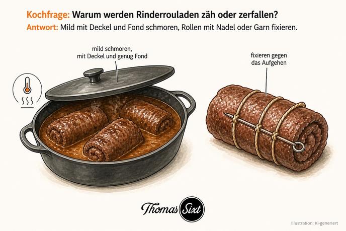 Grafik Rinderrouladen zäh oder zerfallen, Bräter mit Deckel und Rouladen fast bedeckt in Sauce und eine gewickelte Roulade mit Rouladennadel und Küchengarn fixiert