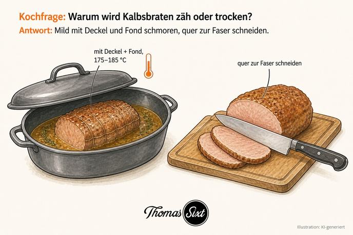 Grafik warum Kalbsbraten zäh wird, Bräter mit Deckel und Fond bei 175 bis 185 Grad und ein Braten quer zur Faser geschnitten