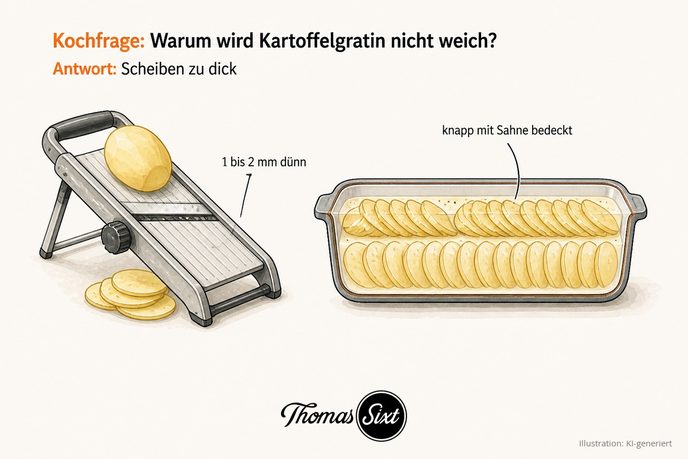 Küchenhobel schneidet dünne Kartoffelscheiben, daneben eine Form mit Gratin in Sahne, als Illustration