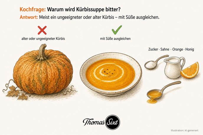 Warum wird Kürbissuppe bitter: links ein alter überlagerter Kürbis als Ursache, rechts ein Teller Kürbissuppe mit Zucker, Sahne, Orange und Honig zum Ausgleichen