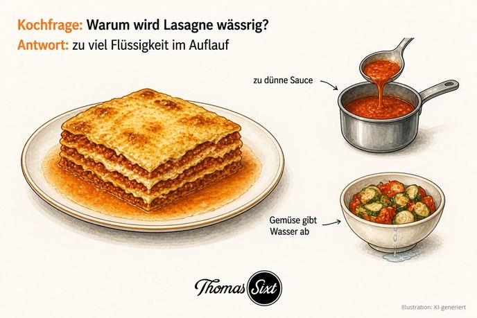 Lasagne-Stück in einer Flüssigkeitspfütze, dazu zu dünne Sauce im Topf und wasserreiches Gemüse als Ursachen, Illustration
