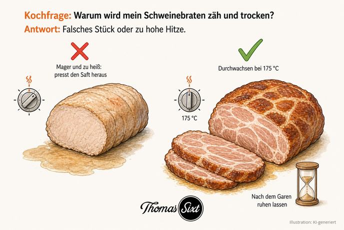 Links ein mageres helles Bratenstück mit ausgetretenem Saft und rotem Kreuz, rechts ein durchwachsener angeschnittener Braten mit Fettadern, Ofenregler 175 Grad, Sanduhr und grünem Haken