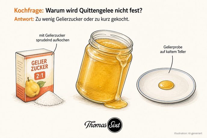 Grafik Warum wird Quittengelee nicht fest, eine Packung Gelierzucker mit Zuckerhäufchen, ein Glas mit noch flüssigem goldgelbem Quittengelee und ein kalter Teller mit einer Gelierprobe