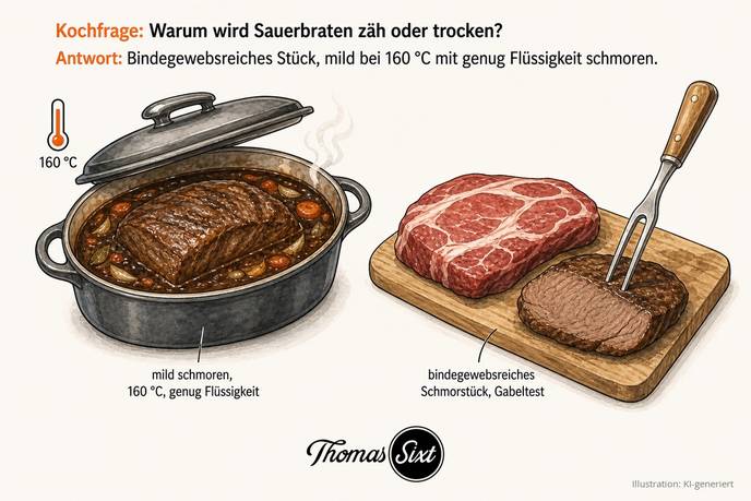 Grafik Sauerbraten zäh oder trocken, Bräter mit Sauerbraten in dunkler Marinade bei 160 Grad und bindegewebsreiches Schmorstück Rinderschulter mit zweizinkiger Fleischgabel beim Gabeltest