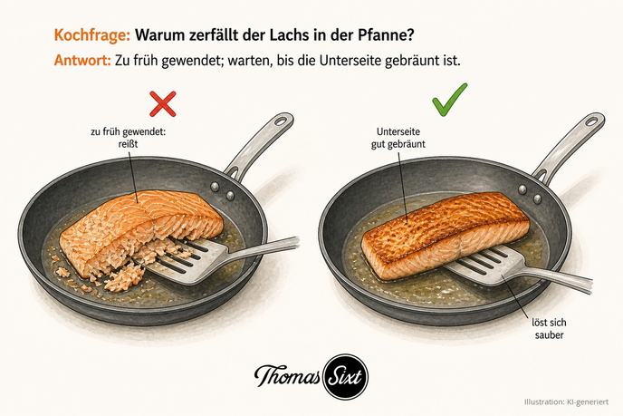 Warum zerfällt der Lachs in der Pfanne: links ein zu früh gewendetes, gerissenes Lachsfilet, rechts ein gut gebräuntes Filet, das sich sauber wenden lässt