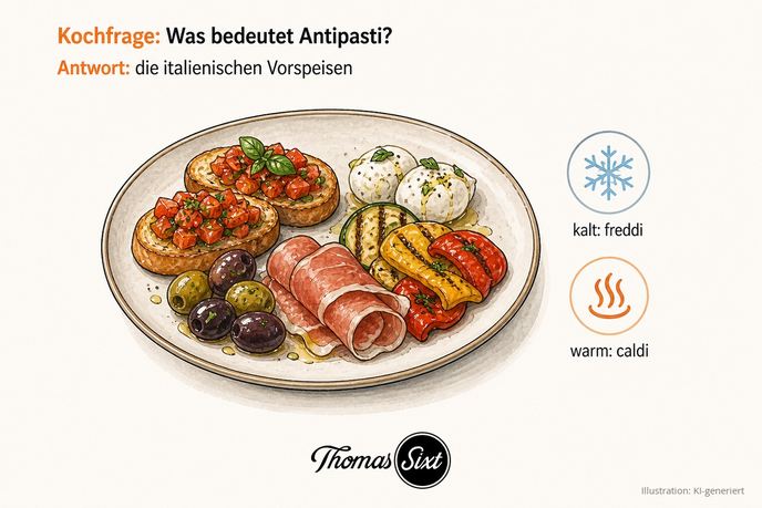 Kleiner Vorspeisenteller mit Antipasti-Häppchen und Symbolen für kalt und warm als Illustration