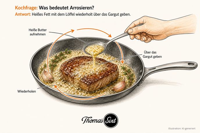 Pfanne mit gebratenem Steak in schäumender Butter mit Thymian und Knoblauch, eine Hand gießt mit einem Esslöffel Butter über das Fleisch, Kreispfeil zeigt die Wiederholung