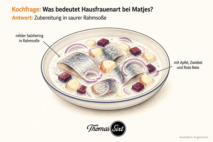Schale Matjes in saurer Rahmsoße mit Apfel, Zwiebel und Rote Bete als Illustration