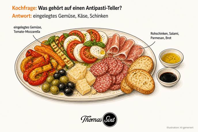 Antipasti-Platte mit eingelegtem Gemüse, Tomate-Mozzarella, Rohschinken, Salami, Parmesan und Brot als Illustration