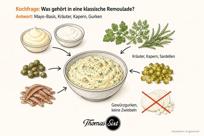 Schälchen Remoulade umgeben von Kräutern, Kapern, Sardellenfilets und gehackten Gewürzgurken als Illustration
