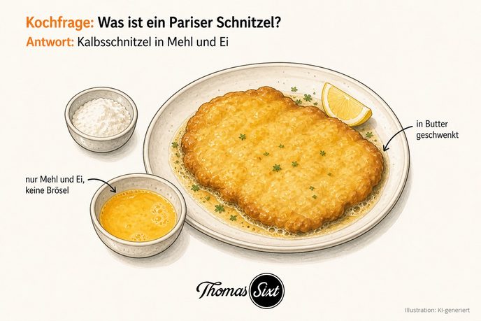 Goldgelbes Pariser Schnitzel mit glatter Eihülle neben Mehl und aufgeschlagenem Ei als Illustration