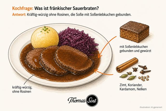 Grafik Fränkischer Sauerbraten, Teller mit Sauerbraten-Scheiben in dunkler Soße ohne Rosinen, Kartoffelkloß und Blaukraut, daneben Soßenlebkuchen und Gewürze Zimt, Koriander, Kardamom und Nelken