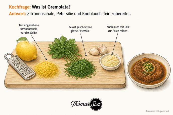 Grafik Was ist Gremolata, ein Brett mit fein abgeriebener Zitronenschale nur das Gelbe, feinst geschnittener glatter Petersilie und einer Knoblauch-Salz-Paste, daneben Ossobuco mit Gremolata