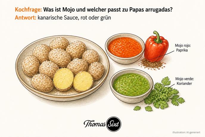 Papas arrugadas mit Salzkruste neben einem Schälchen rotem und einem Schälchen grünem Mojo, als Illustration