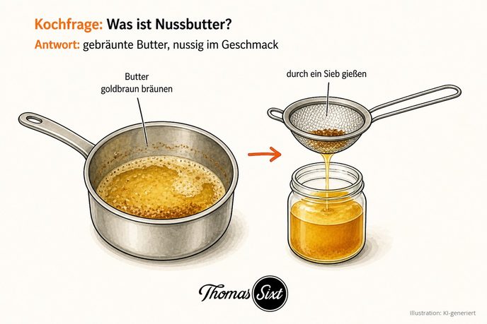Topf mit goldbraun gebräunter Butter und ein Glas fertiger Nussbutter als Illustration