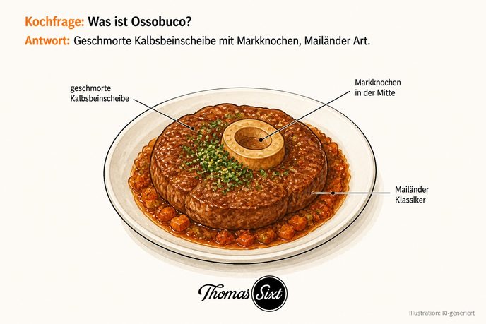 Grafik Was ist Ossobuco, eine geschmorte Kalbsbeinscheibe mit Markknochen in dunkler Sauce mit Gremolata obenauf