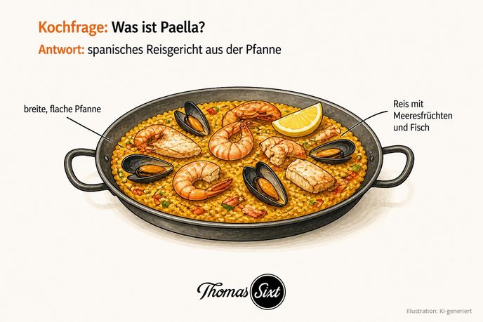 Breite flache Paellapfanne mit Reis, Muscheln, Garnelen und einer Zitronenspalte als Illustration