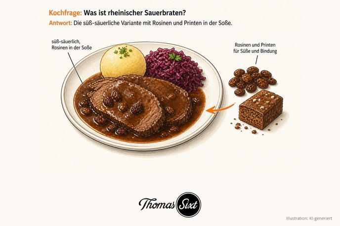 Grafik Rheinischer Sauerbraten, Teller mit Sauerbraten-Scheiben in süß-saurer Soße mit Rosinen, dazu Kartoffelkloß und Rotkohl, daneben Rosinen und ein Stück Aachener Printen