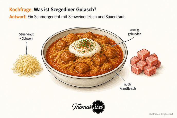 Was ist Szegediner Gulasch: eine Schale mit Schweinefleisch und Sauerkraut in Paprikasauce, obenauf ein Sahnehäubchen mit Paprikapulver und Petersilie