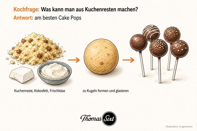 Kuchenkrümel und daraus geformte glasierte Cake-Pop-Kugeln am Stiel als Illustration