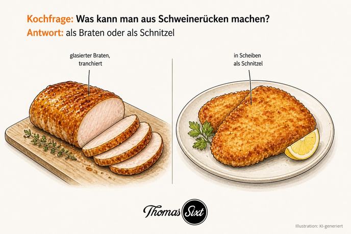 Glasierter tranchierter Schweinerücken-Braten und panierte Schnitzel aus Schweinerücken als Illustration