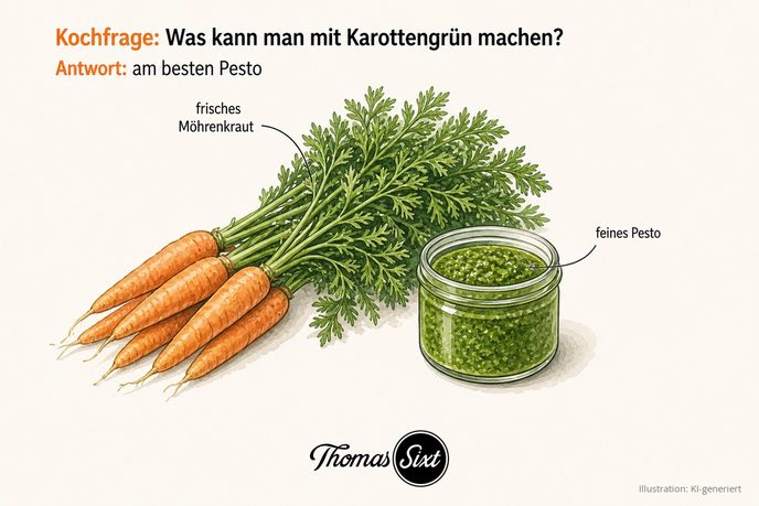 Bund Möhren mit frischem grünem Kraut und ein Glas grünes Pesto als Illustration