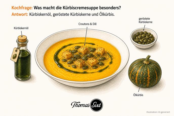 Was macht die Kürbiscremesuppe besonders: ein angerichteter Teller Kürbiscremesuppe mit Kürbiskernöl, gerösteten Kürbiskernen, Croutons und Dill, daneben Kürbiskernöl, eine Schale Kürbiskerne und ein Ölkürbis