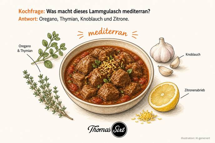 Was macht dieses Lammgulasch mediterran: eine Schale Lammgulasch, drumherum Oregano, Thymian, Knoblauch und eine halbe Zitrone mit Abrieb