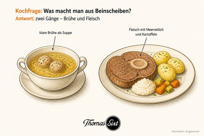 Schale klare Brühe mit Nudeln und ein Teller mit gekochtem Fleisch, Meerrettich und Kartoffeln als Illustration